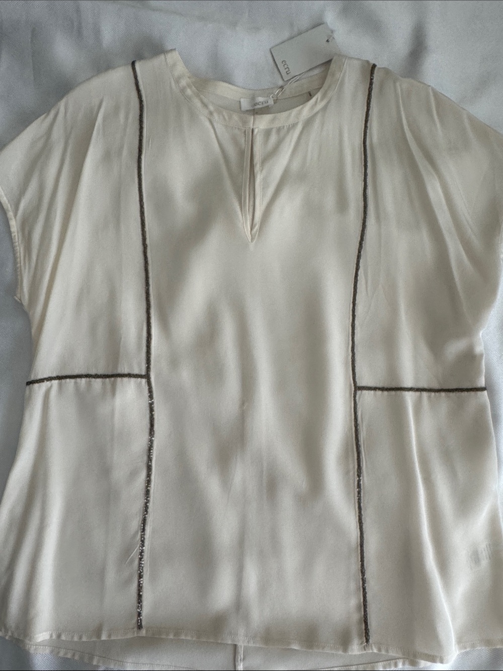 Ecru Women’s Cream Short-Sleeve Blouse with Contrast Trim